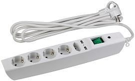 Сетевой фильтр 2 метра 5 гнезд/розеток 2xUSB, с заземлением 3x0,75мм2 со шторками с выключателем белый SFU-5es-2m-W ЭРА от поставщика КабельСпецСтрой